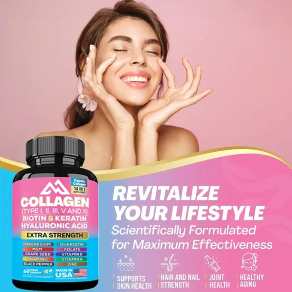 Collagen Capsules Type I, II, III, V and X Vitamin A, C, E, Zinc, Magnesium Folate with Grape Seed Extract, Quercetin (60 Capsules) Capsules) Herbs & Vitamins