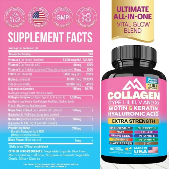 Collagen Capsules Type I, II, III, V and X Vitamin A, C, E, Zinc, Magnesium Folate with Grape Seed Extract, Quercetin (60 Capsules) Capsules) Herbs & Vitamins