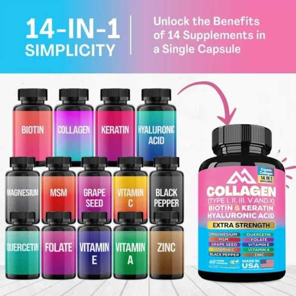 Collagen Capsules Type I, II, III, V and X Vitamin A, C, E, Zinc, Magnesium Folate with Grape Seed Extract, Quercetin (60 Capsules) Capsules) Herbs & Vitamins
