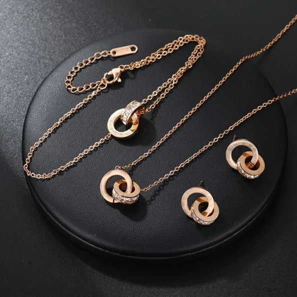 Titanium Steel Double Ring Pendant Necklace Earrings Bracelet Jewelry Set Roman Fine Jewellery Sets