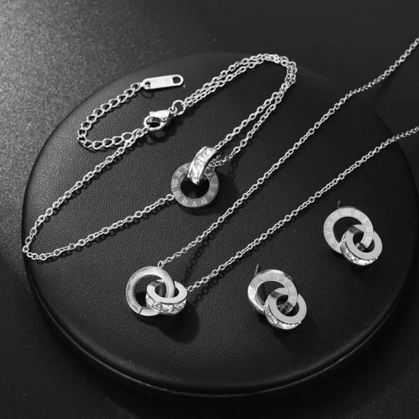 Titanium Steel Double Ring Pendant Necklace Earrings Bracelet Jewelry Set Roman Fine Jewellery Sets