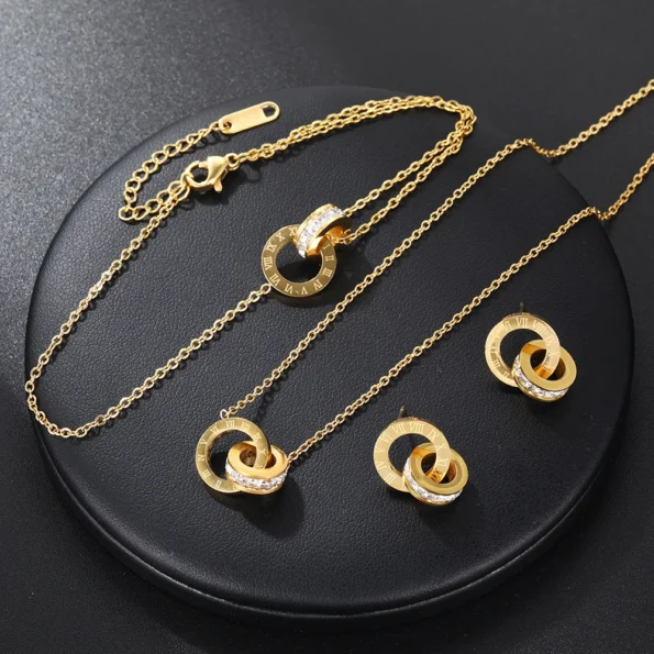 Titanium Steel Double Ring Pendant Necklace Earrings Bracelet Jewelry Set Roman Fine Jewellery Sets