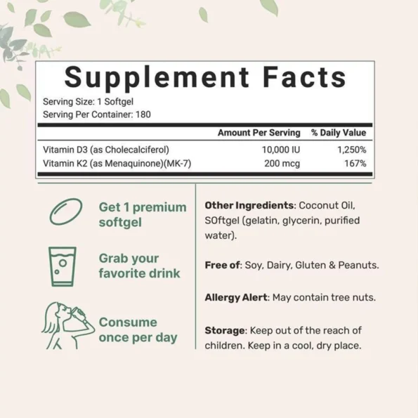 Vitamin D3 & K2 Supplement Softgels 300 capsules capsules Herbs & Vitamins